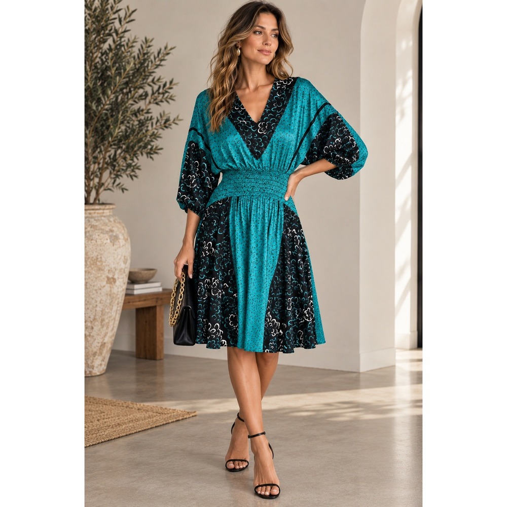 Simon Sez Vintage Teal Black Abstract Print Smocked Waist Dolman Sleeve Dress L